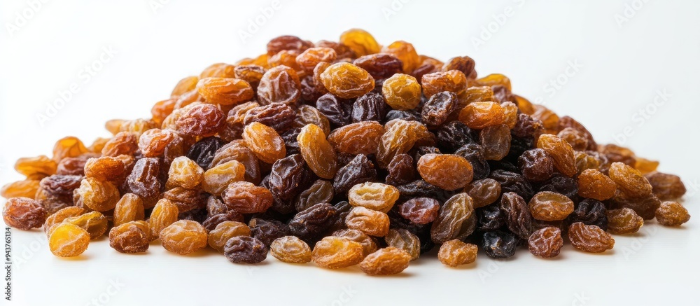 Obraz premium Pile of raisins on a white background. with copy space image. Place for adding text or design