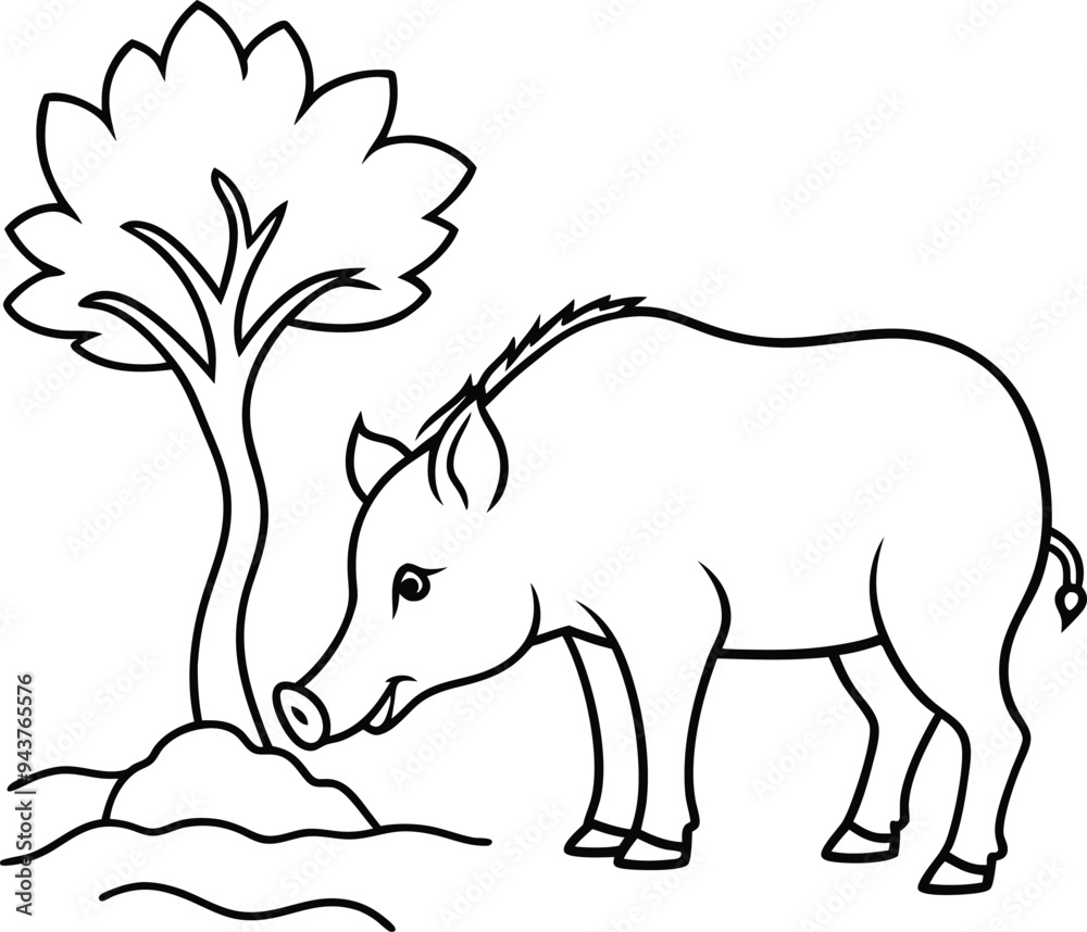 Fototapeta premium Warthog digging in the soil near a tree fun line art illustration for kids coloring book 