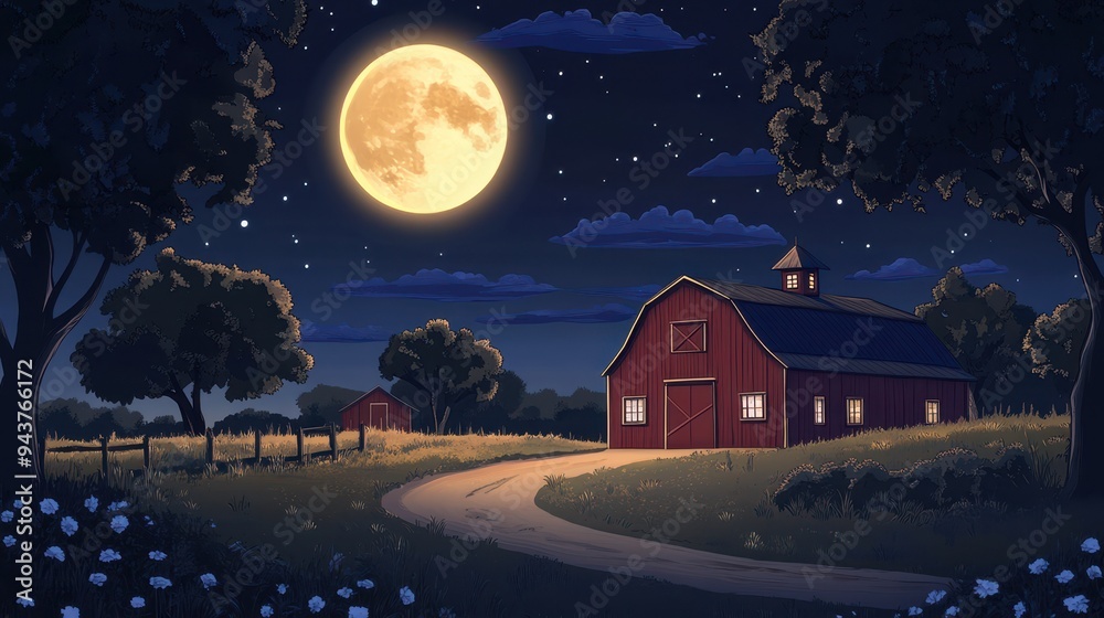 Fototapeta premium Red Barn Under a Full Moon with Stars and a Winding Road