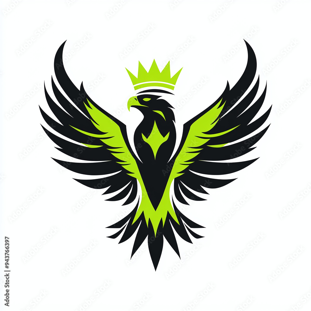 Obraz premium minimalist vector mascot logo of a radiant flying eagle king with a crown, isolated on white background, gamer style green neon and black colors
