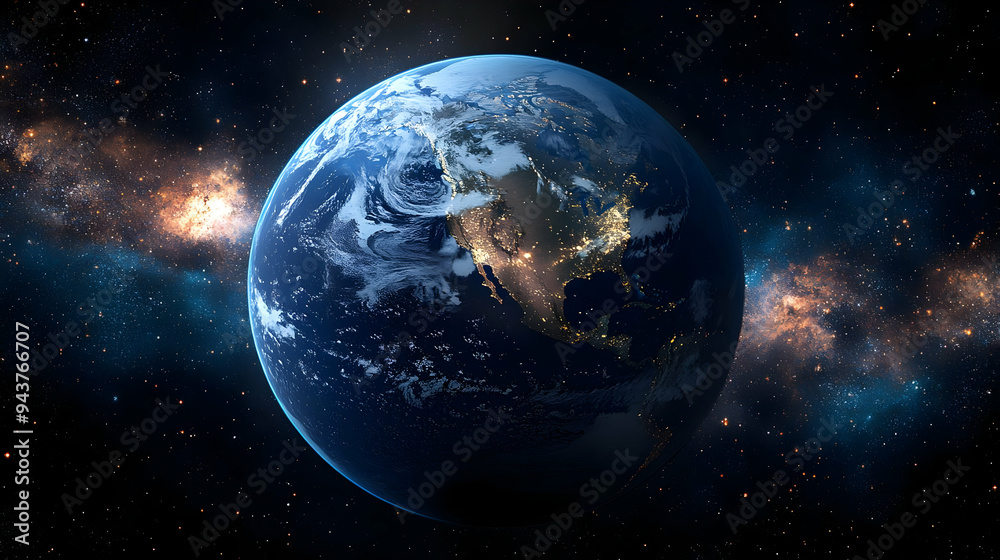 Fototapeta premium A stunning view of planet Earth from space with the Milky Way galaxy in the background.