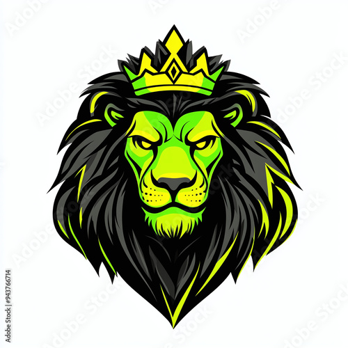 minimalist vector mascot logo of a brave king with a crown, isolated on white background, gamer style green neon and black colors