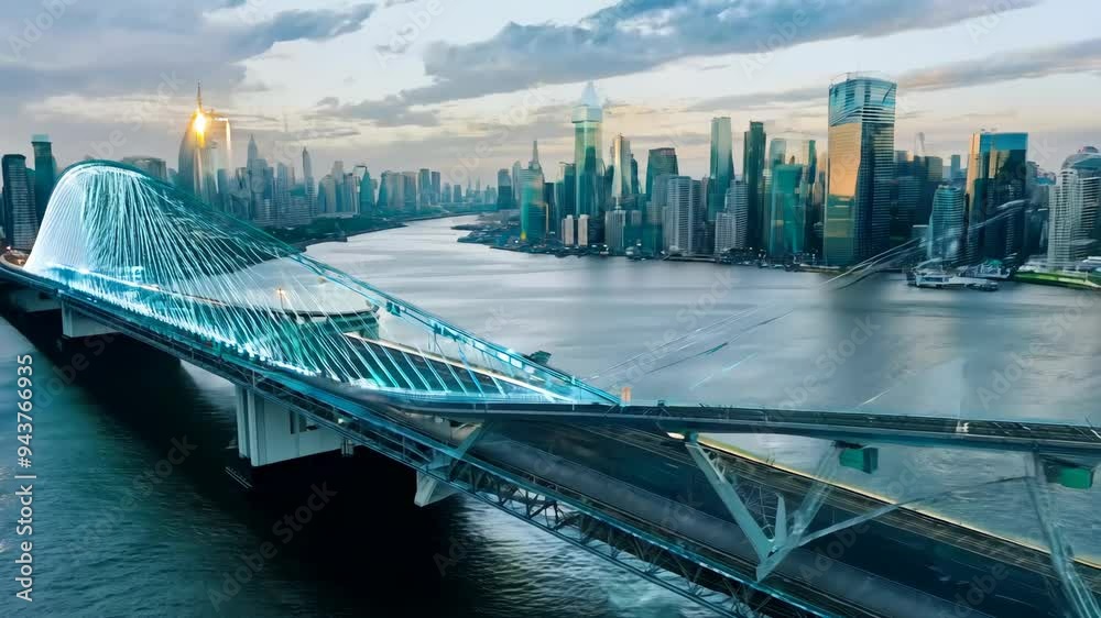 Explore the stunning illuminated bridge in Shanghai at dusk, showcasing modern architecture and vibrant city life along the river