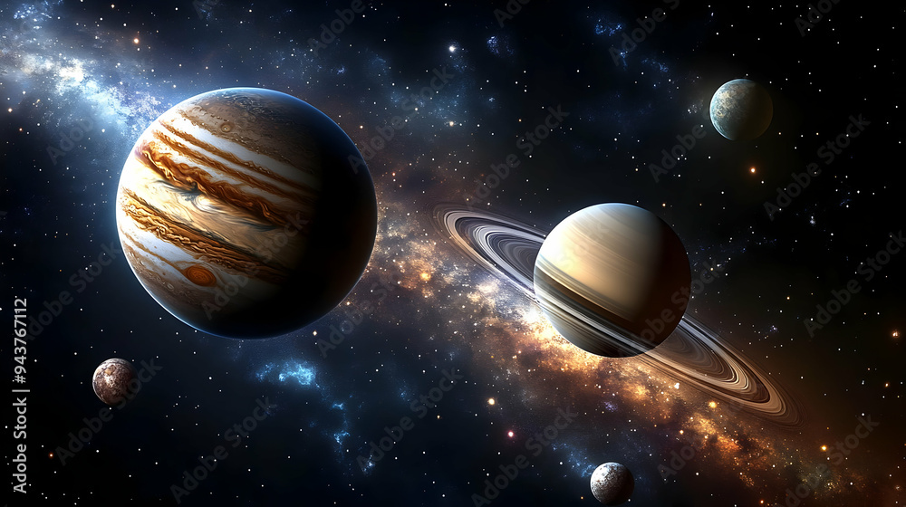 A stunning view of Saturn with its rings and Jupiter in the vast cosmic background. A stunning view of Saturn with its rings and Jupiter in the vast cosmic background.