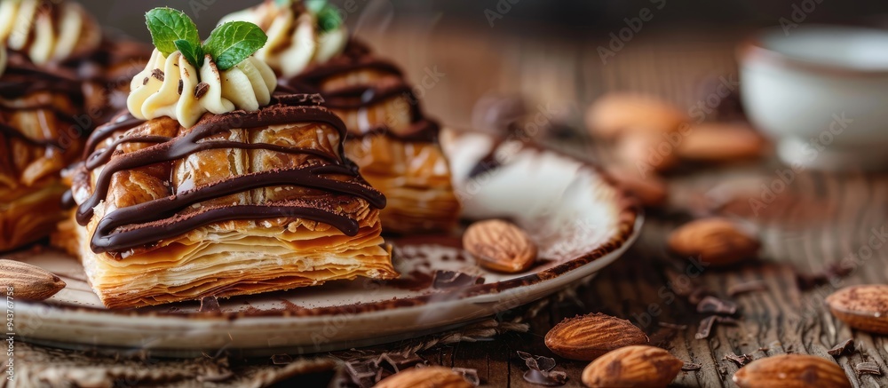 Close up of a chocolate coated puff pastry filled with cream and topped with almonds served on a white plate against a dark background. with copy space image. Place for adding text or design Close up of a chocolate coated puff pastry filled with cream and topped with almonds served on a white plate against a dark background. with copy space image. Place for adding text or design