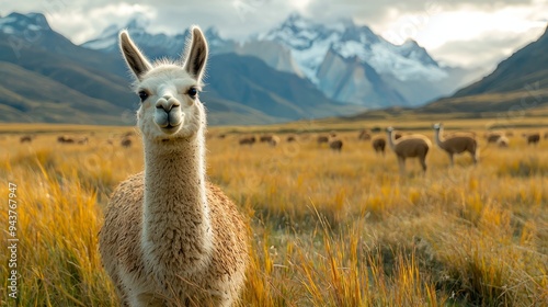 Llama in a field with mountains in the background