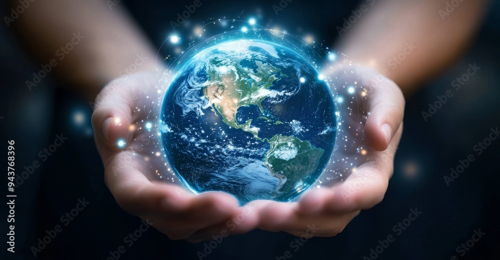 Hands holding a holographic representation of the Earth against a dark background with blue glowing lines Hands holding a holographic representation of the Earth against a dark background with blue glowing lines