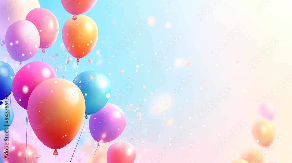 Colorful Balloons Floating in a Pastel Sky with Confetti - Birthday Celebration Background. Colorful Balloons Floating in a Pastel Sky with Confetti - Birthday Celebration Background.