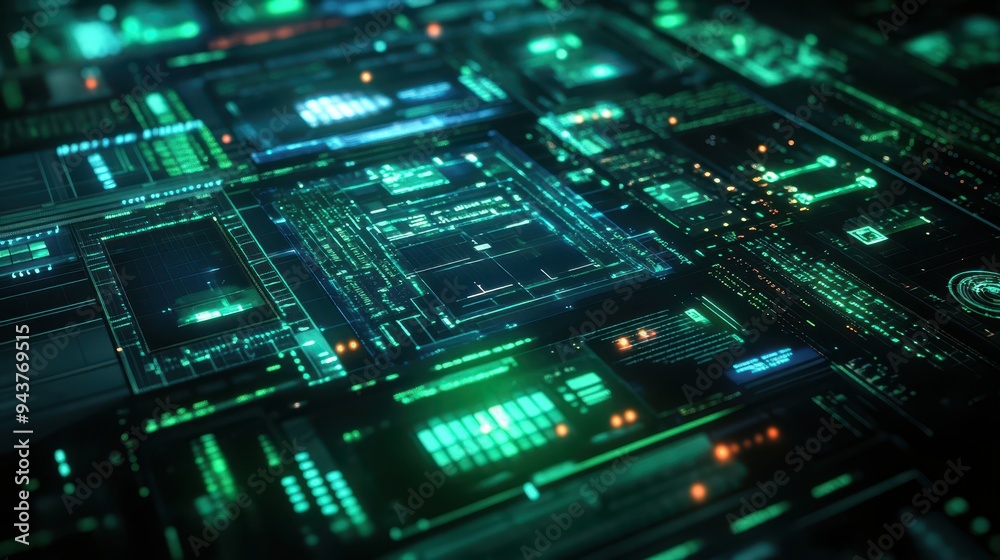 Futuristic Green Interface, Digital Interface, Abstract Technology Background, 3D Rendering, Futuristic Technology.