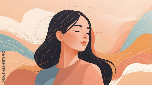 Young Woman Portrait in Minimalist Style, Soft Pastel Tones, Calm Mood