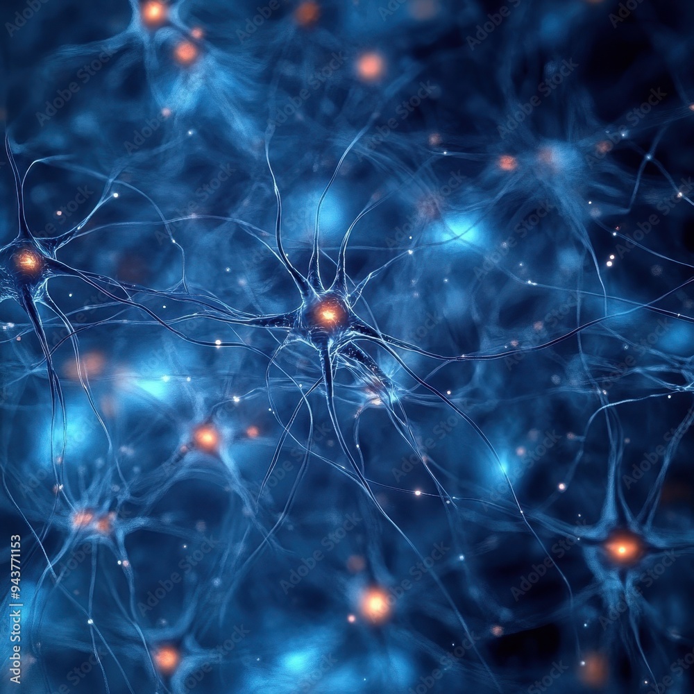 Abstract Blue Neural Network Background - Glowing Synapses, Brain Cells, 3D Illustration. Abstract Blue Neural Network Background - Glowing Synapses, Brain Cells, 3D Illustration.