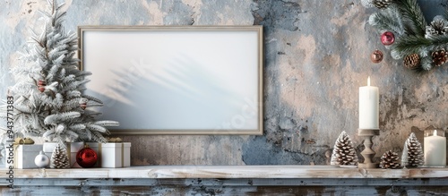 Christmas mockup featuring a white frame and tree decorations A portrait frame rests on a wooden shelf in front of a rustic grey wood wall panel background Copyspace