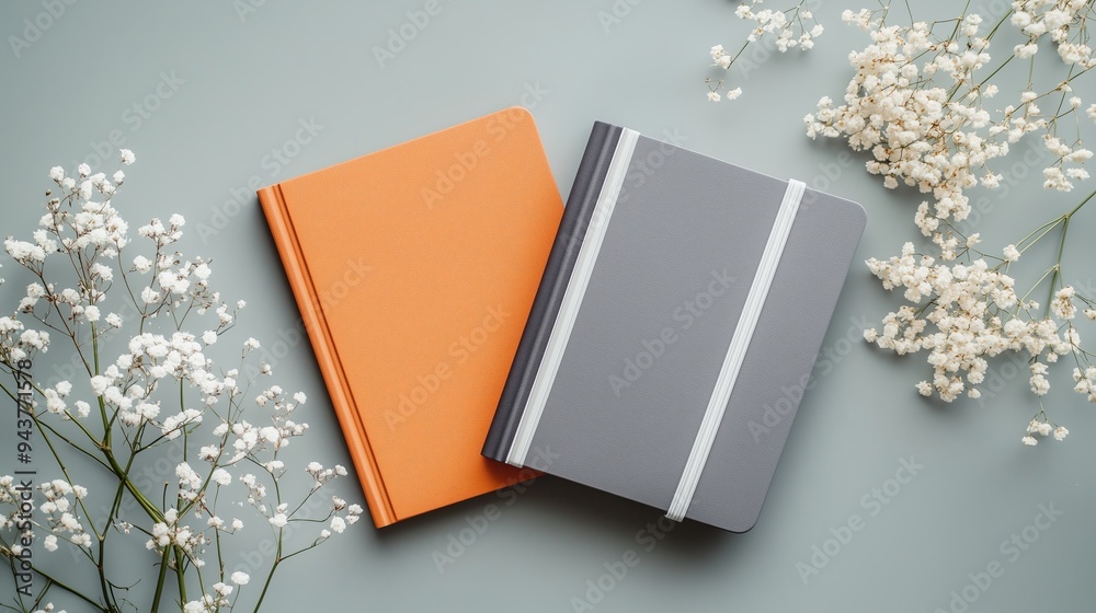 Fototapeta premium Top view of different softcover notebooks, orange and gray with white flowers on the back.