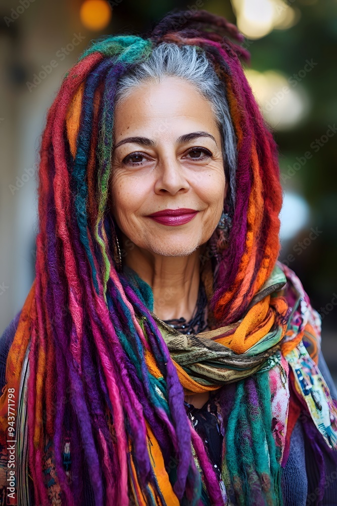 An older woman with colorful dreadlocks