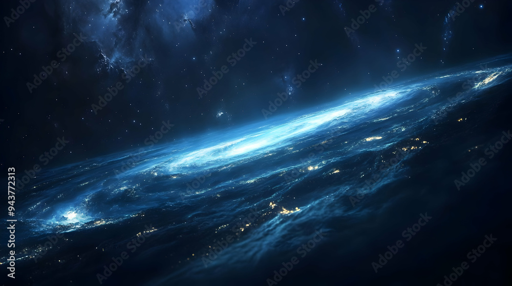 A swirling blue nebula with stars scattered across the night sky. A swirling blue nebula with stars scattered across the night sky.