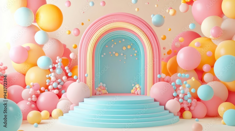A whimsical backdrop of pastel balloons and a vibrant rainbow arch perfect for celebrations and cheerful event A whimsical backdrop of pastel balloons and a vibrant rainbow arch perfect for celebrations and cheerful event