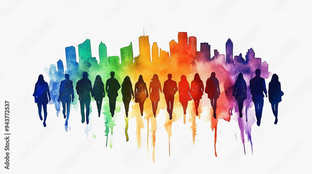 Obraz premium Watercolor painting of a crowd in various colors walking together in the street, with white background and soft gradients