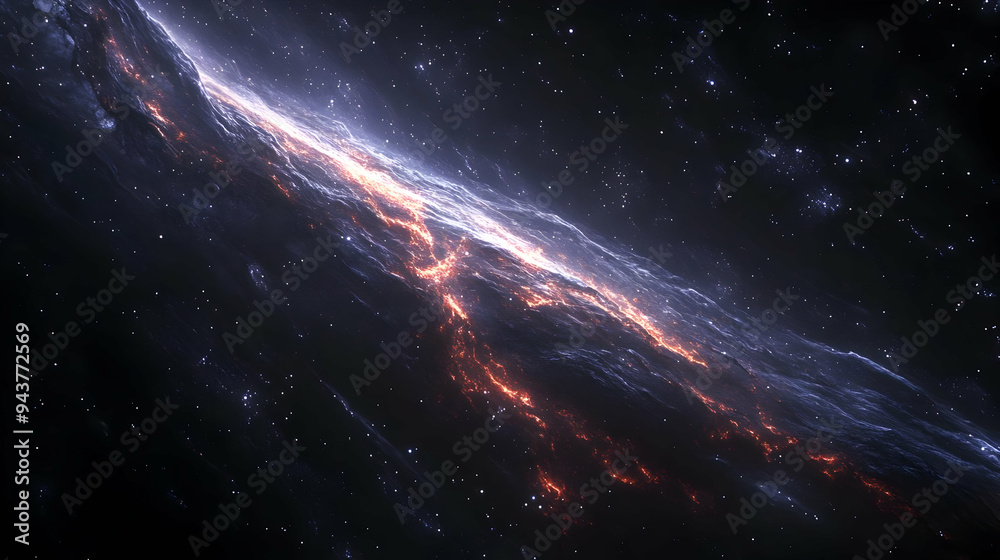 Fototapeta premium A swirling cosmic nebula with bright orange and white streaks against a dark starry background.