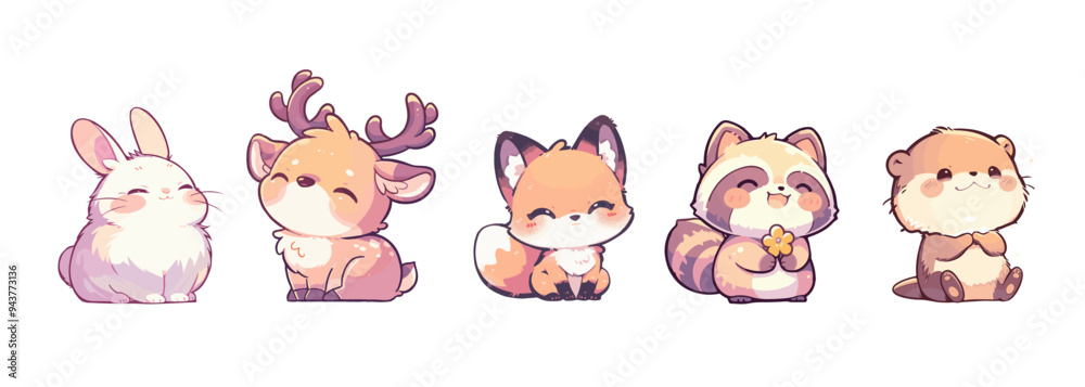Kawaii illustration. Cute woodland forest animals deer bunny fox raccoon otter on white background. Ideal kids design. Fabric wrapping textile wallpaper apparel invitation card. Generative Ai content Kawaii illustration. Cute woodland forest animals deer bunny fox raccoon otter on white background. Ideal kids design. Fabric wrapping textile wallpaper apparel invitation card. Generative Ai content