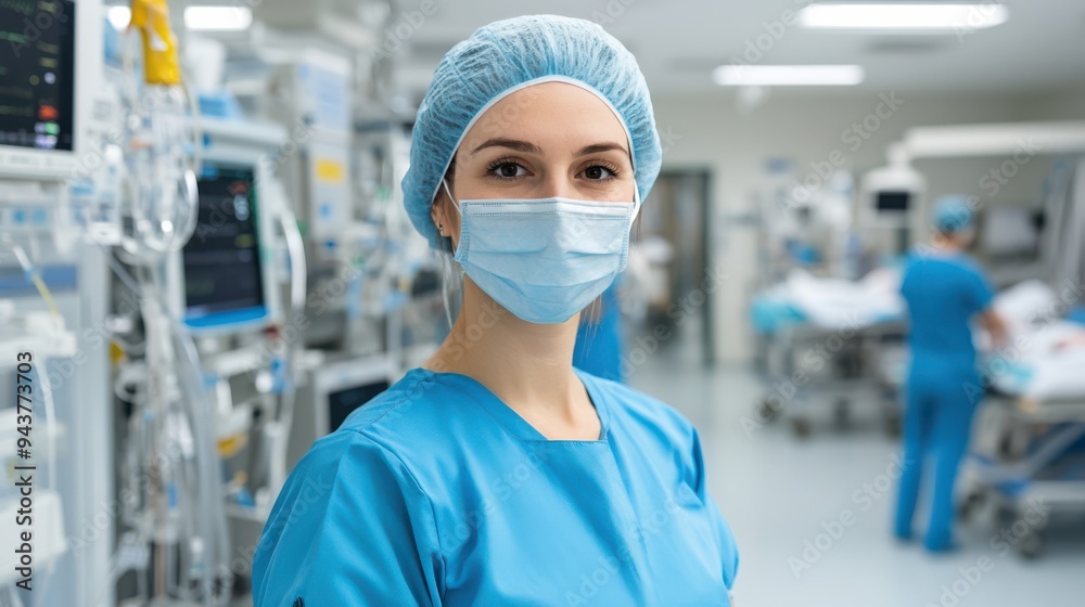 Confident nurse in a hospital wearing surgical mask and scrubs..