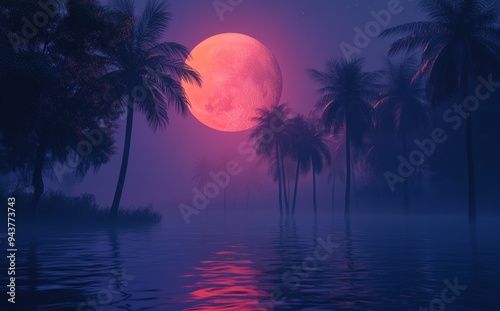 Background with neon red and blue palm trees, water reflection, laser light show, retro wave, synthwave, 80s style stock image