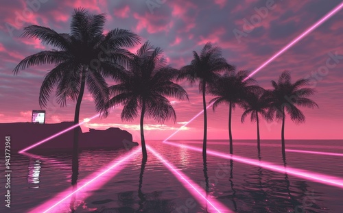 In this neon light background, palm trees and water are embellished with glowing red and blue lights, creating an ambience reminiscent of music videos from the 1980s and 1990s Stock Images