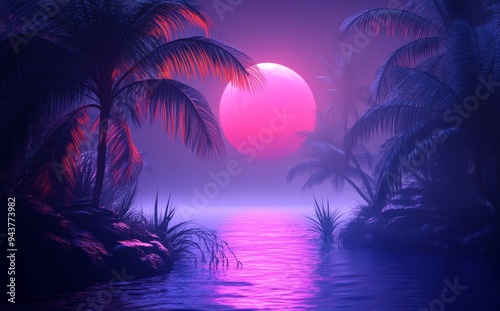 Retro wave, synthwave, 80s style stock image with neon red and blue background with palm trees and water reflections