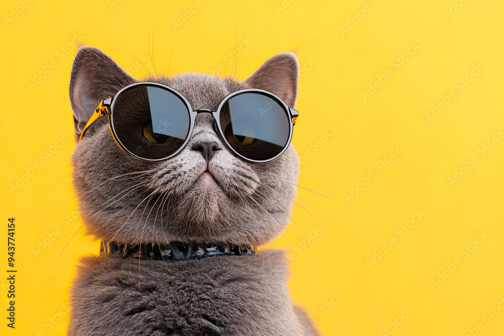 Closeup portrait of a furry gray British cat wearing fashion sunglasses. Funny pet on a bright yellow background. Kitten in eyeglasses. Cool animal concept with copy space for fashion and style. Closeup portrait of a furry gray British cat wearing fashion sunglasses. Funny pet on a bright yellow background. Kitten in eyeglasses. Cool animal concept with copy space for fashion and style.