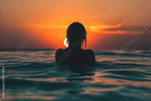 Woman silhouette posing in the water at sunset, back view A beautiful young girl standing waist-deep and wading through the water against a background stock photo
