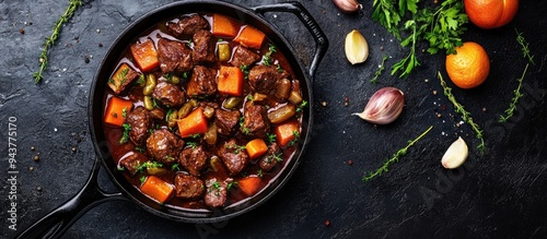 Winter Food concept featuring homemade organic beef stew or bourguignon in a cast iron skillet with copyspace photo