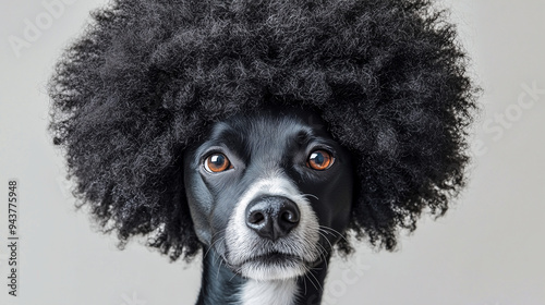 dog in a black afro wig isolated on white background. groomer concept photo