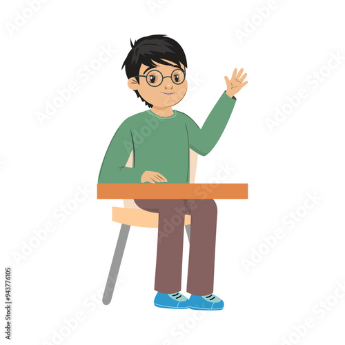 Cheerful Asian boy wearing glasses, actively participating in class, showing enthusiasm for learning