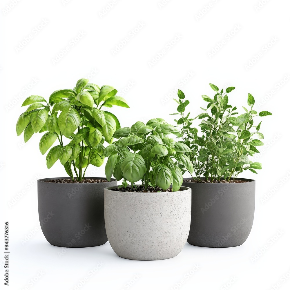 Three potted plants with green leaves. Three potted plants with green leaves.