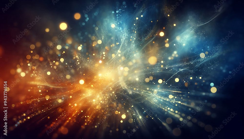 Obraz premium A vibrant abstract background featuring a blend of soft blue and gold tones illuminated by glimmering bokeh effects. Sparkling particles create a sense of golden and blue lights