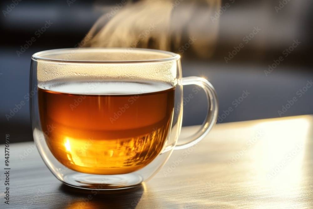 A steaming cup of tea in a transparent glass, illuminated by the warm glow of natural sunlight. Perfect for illustrating warmth and relaxation. Generated AI A steaming cup of tea in a transparent glass, illuminated by the warm glow of natural sunlight. Perfect for illustrating warmth and relaxation. Generated AI