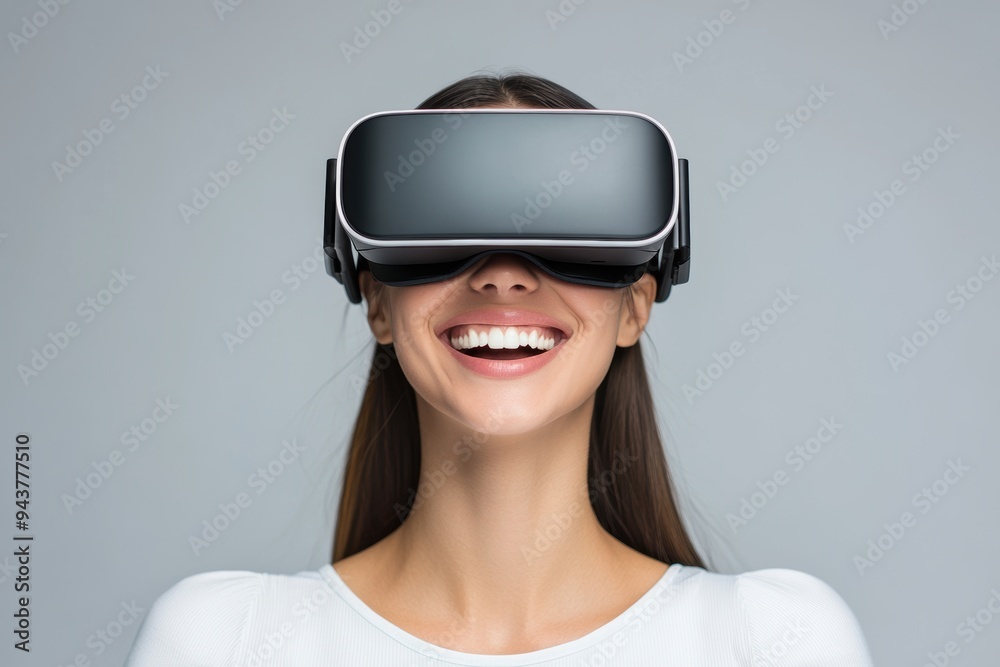Happy woman wearing virtual reality headset experiencing immersive 3D technology. The image captures excitement and joy in a futuristic setting. Generated AI Happy woman wearing virtual reality headset experiencing immersive 3D technology. The image captures excitement and joy in a futuristic setting. Generated AI