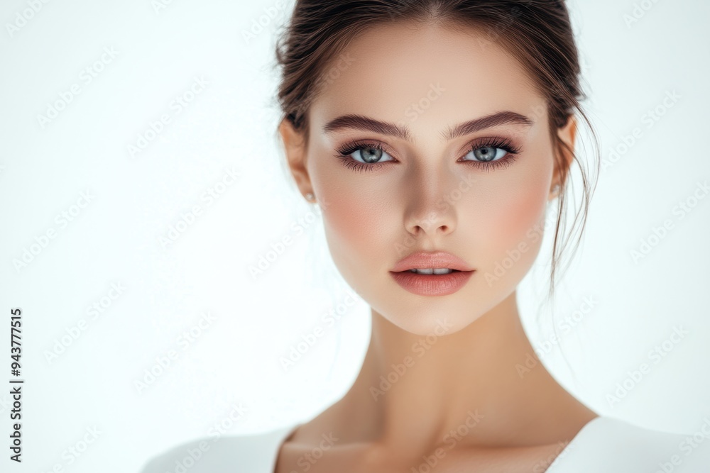 Obraz premium Portrait of a young woman with flawless skin and piercing eyes exuding beauty and grace. Generated AI