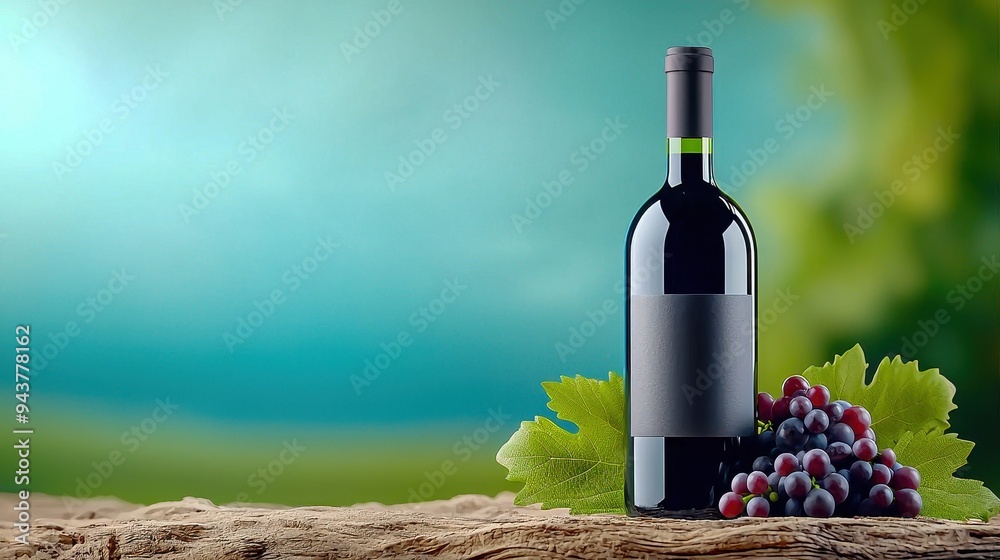 A bottle of red wine with fresh grapes and green leaves, set against a serene blurred background, perfect for beverage promotions. A bottle of red wine with fresh grapes and green leaves, set against a serene blurred background, perfect for beverage promotions.