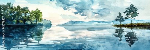 Serene watercolor painting of a lakeside view with trees and mountains reflecting on the calm water under a cloudy sky.