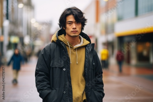 A man wearing a black coat and a yellow hoodie stands on a wet street