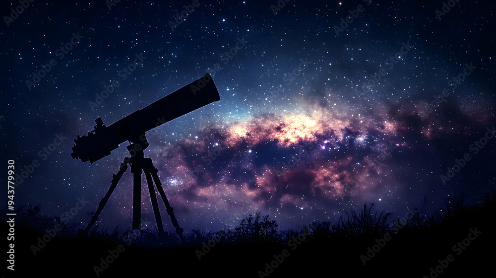A telescope pointed at the Milky Way galaxy, a field of grass in the foreground, starry night sky. A telescope pointed at the Milky Way galaxy, a field of grass in the foreground, starry night sky.