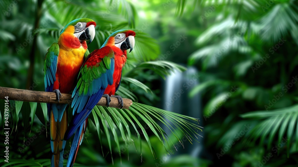 Two vibrant parrots perched in a lush, tropical rainforest with a serene waterfall in the background, creating a tranquil natural scene. Two vibrant parrots perched in a lush, tropical rainforest with a serene waterfall in the background, creating a tranquil natural scene.