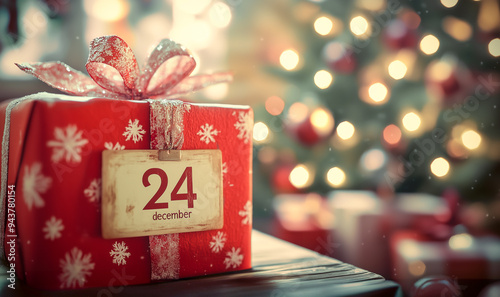A wrapped gift marked December 24 with festive decor and Christmas tree in the background.