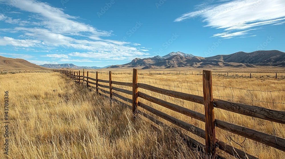Rustic wooden fence stretching across a vast countryside landscape Rustic wooden fence stretching across a vast countryside landscape