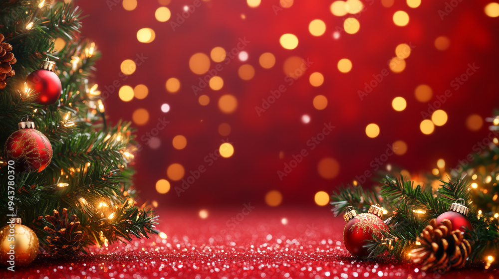 Festive Christmas tree branches adorned with ornaments against a backdrop of glowing golden lights. Festive Christmas tree branches adorned with ornaments against a backdrop of glowing golden lights.