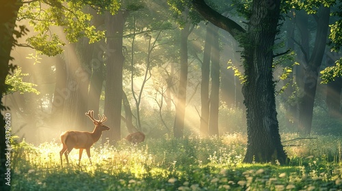 Majestic deer standing in a serene forest glade, bathed in the soft glow of the morning sunlight filtering through the trees.