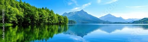 Serene lake with forest and mountain reflection under clear blue sky, perfect for nature and landscape photography.