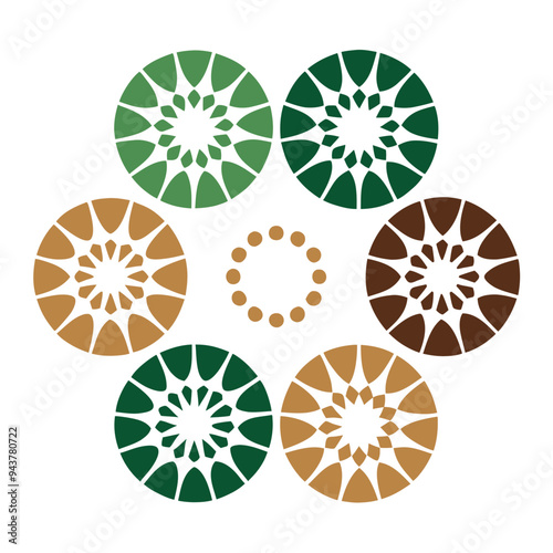 Seven circular patterns in green and brown hues arranged in two rows