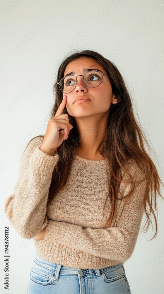 Thoughtful expression captured on a young woman's face as she ponders, wearing round glasses and a cozy beige sweater against a plain background. Thoughtful expression captured on a young woman's face as she ponders, wearing round glasses and a cozy beige sweater against a plain background.