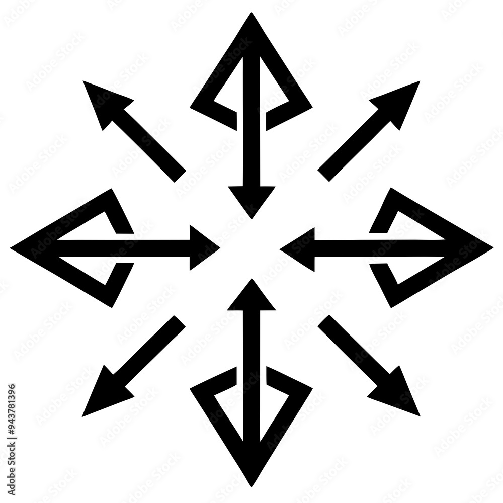 A symmetrical design featuring eight black arrows pointing outward from the center, creating a star-like shape